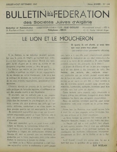 Bulletin de la Fédération des sociétés juives d’Algérie  V°14 N°114 (01/07/1947)